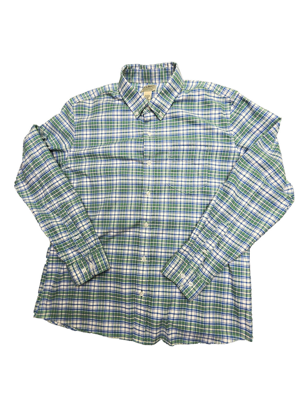 LL Bean Mens Large Comfort Stretch Oxford Shirt Plaid Green Blue LS 510043 L